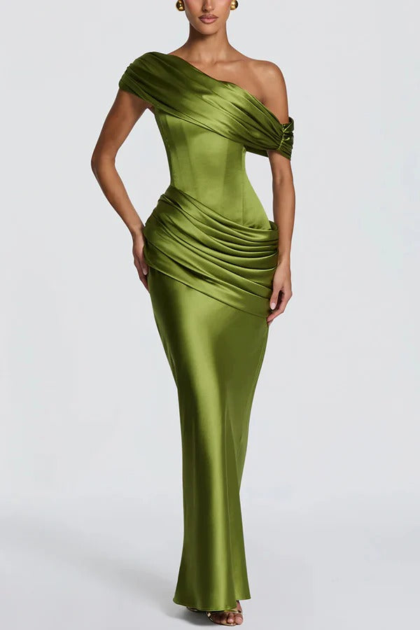 Ella Satin Detachable Asymmetric Off Shoulder Drape Panel Back Lace-up Maxi Dress