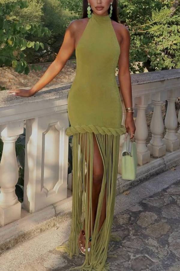 Halter Twist Waist Long Fringe Bodycon Mini Dress