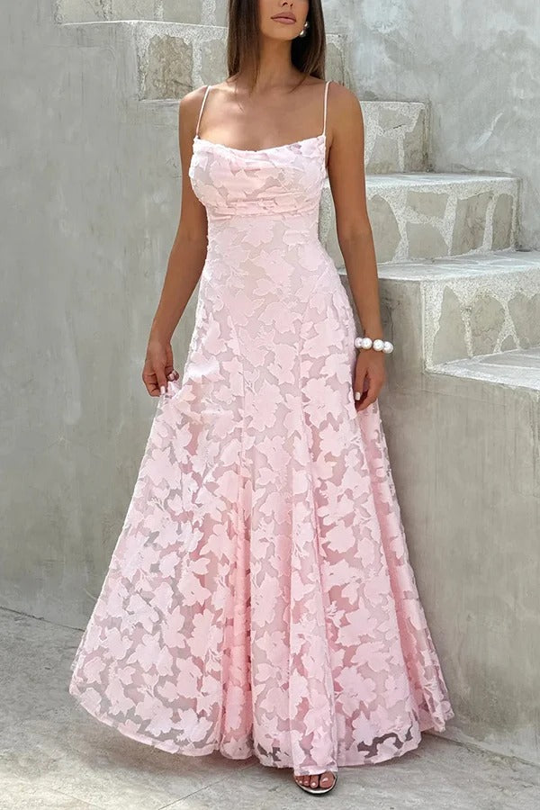 Francis Custom Floral Burnout Fabric Cowl Neck Back Lace-up Maxi Dress
