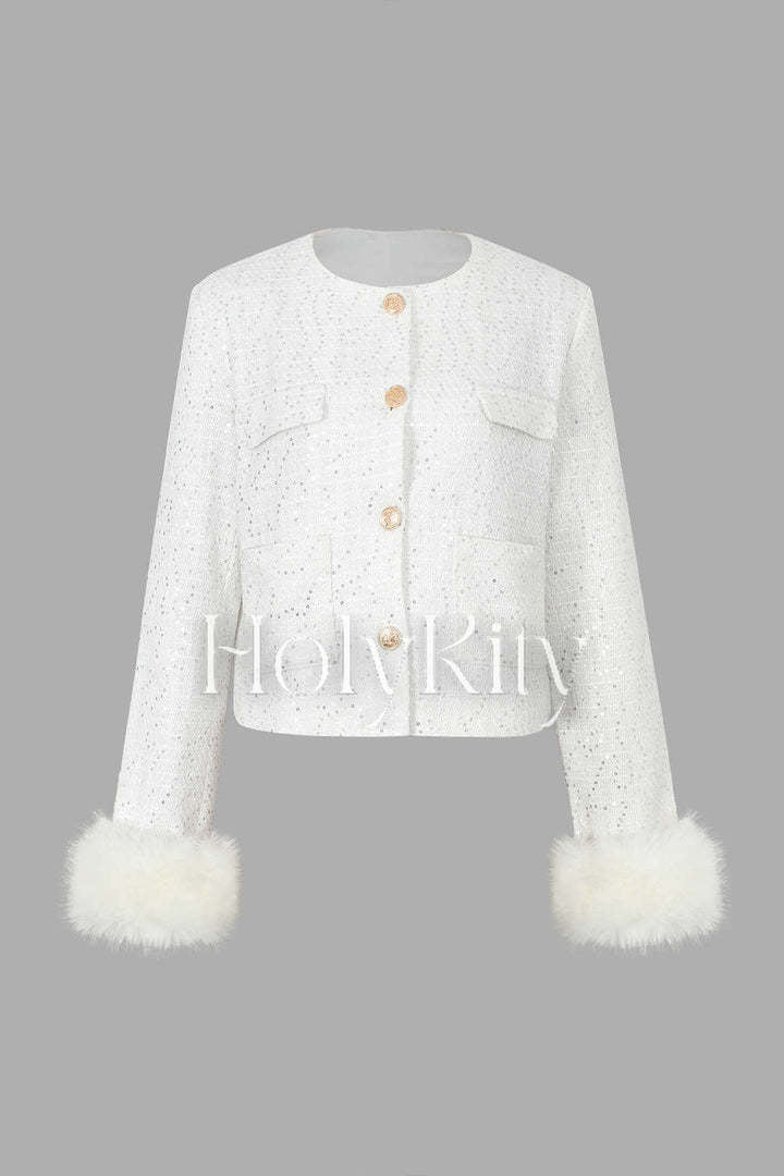 Veste en tweed à manches en plumes et paillettes 