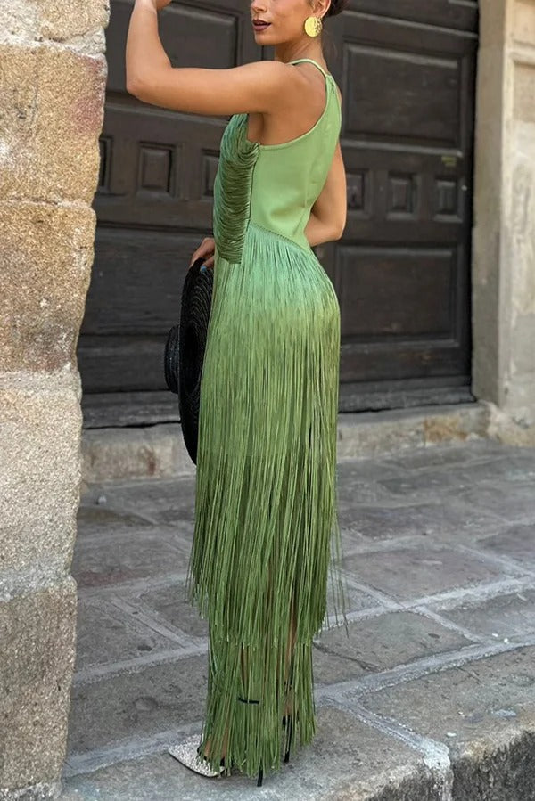 Fashion Sleeveless Halter Neck Elegant Tassel Slim Maxi Dress