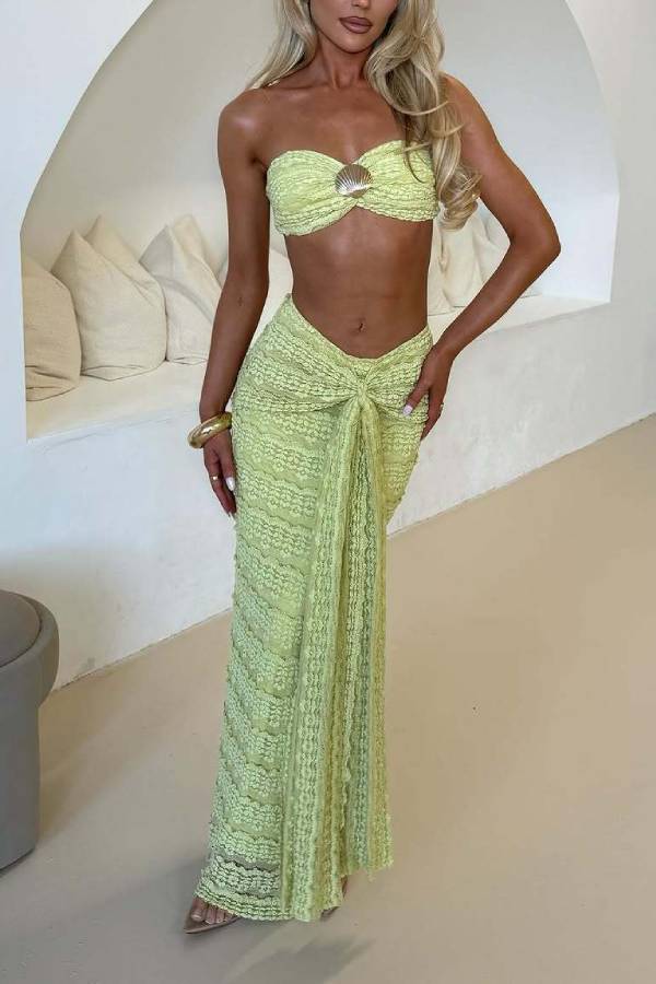 Multi-Color Shell Decor Bandeau Tie Maxi Dress Set