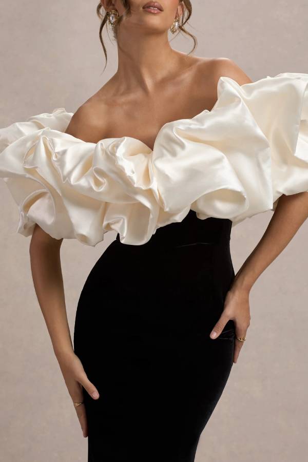 Cecily Velvet Off Shoulder Satin Structured Bardot Neck Stretch Maxi Dress
