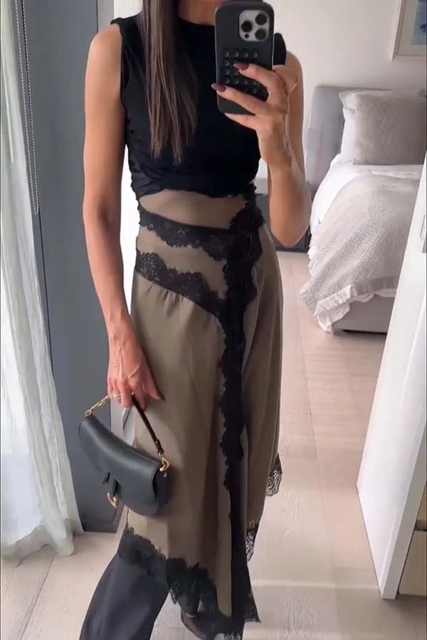 Verve Ribbed Jersey Cutout Waist Asymmetric Satin Lace Hem Maxi Dress