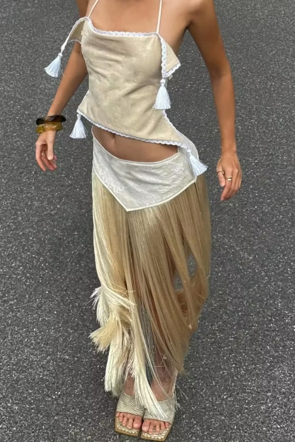 Stylish Halter Neck Lace Up Tassel Pendant Backless Top