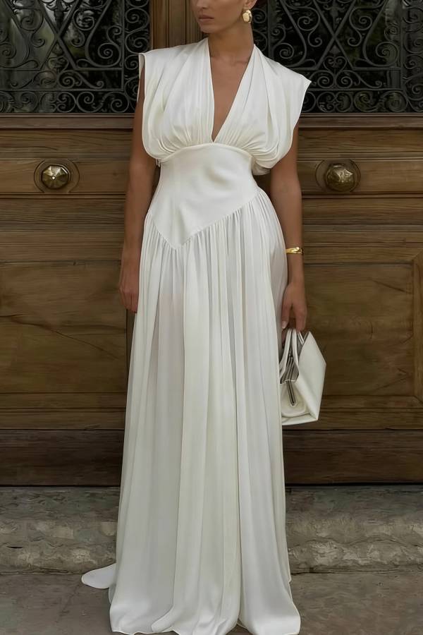Elegant V-neck Sleeveless Fitted Waist High Slit Vacation Maxi Dress