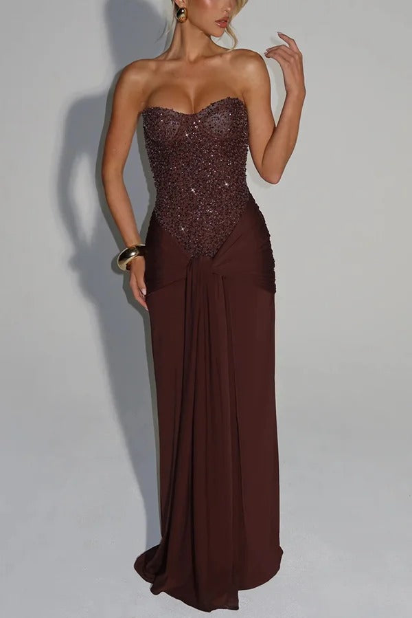 Carina Sequined and Satin Jersey Off Shoulder Ruched Knot Drape Maxi Dress