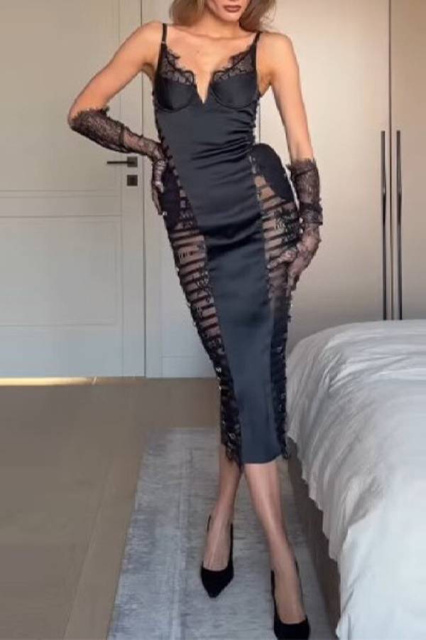 Satin Lace Strap Sheer Midi Evening Dress