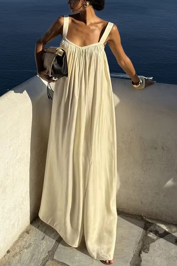 Pearlescent Luster Satin Wide Strap Open Back Loose Maxi Dress