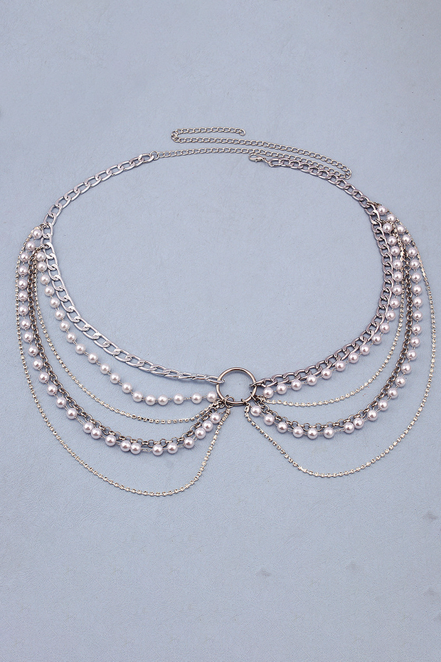 Layered Pearls Metallic Fashionable Waist Chain