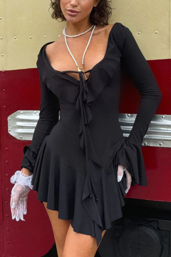 V-neck Tie Stitching Ruffled Mini Dress