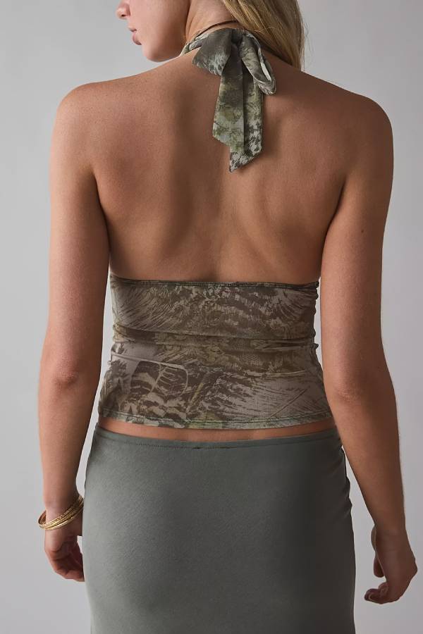 Vintage Print Mesh Halter Spicy Cropped Top