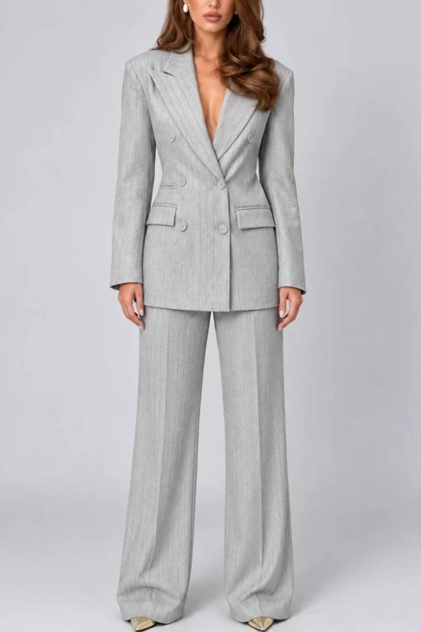 Grey Pinstripe Double-Breasted Blazer and Wide-Leg Pants Two-Piece Suit Set