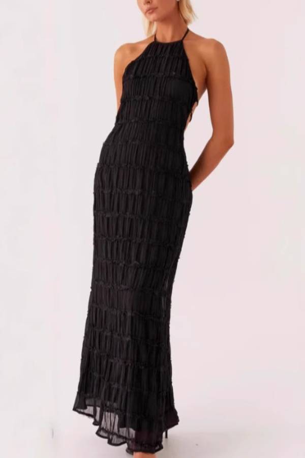 Textured Halter-Neck Backless Maxi Dress