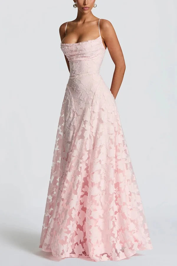 Francis Floral Burnout Jersey Fabric Cowl Neck Back Lace-up Maxi Dress