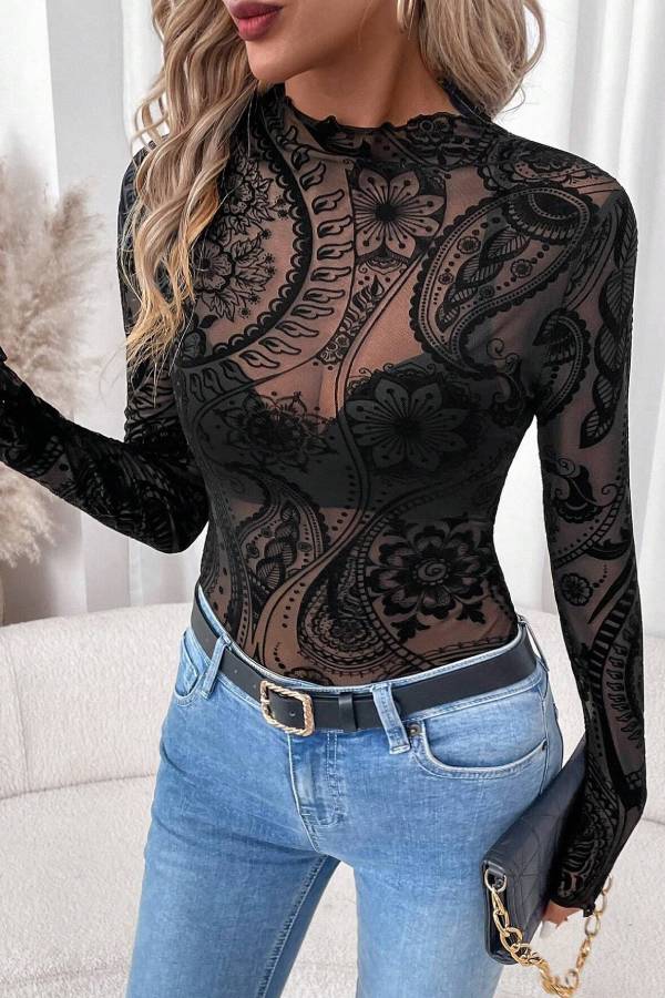 Half-high collar see-through lace pattern long-sleeved top