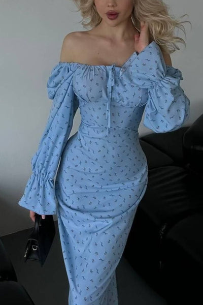 Floral Square Neck Tie-Up Trumpet Sleeve Midi Dress