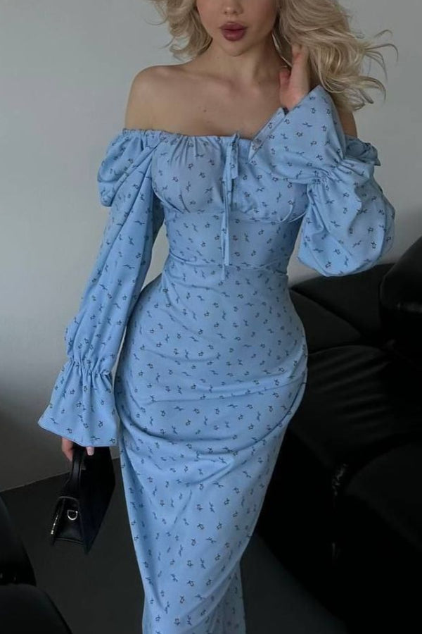 Floral Square Neck Tie-Up Trumpet Sleeve Midi Dress