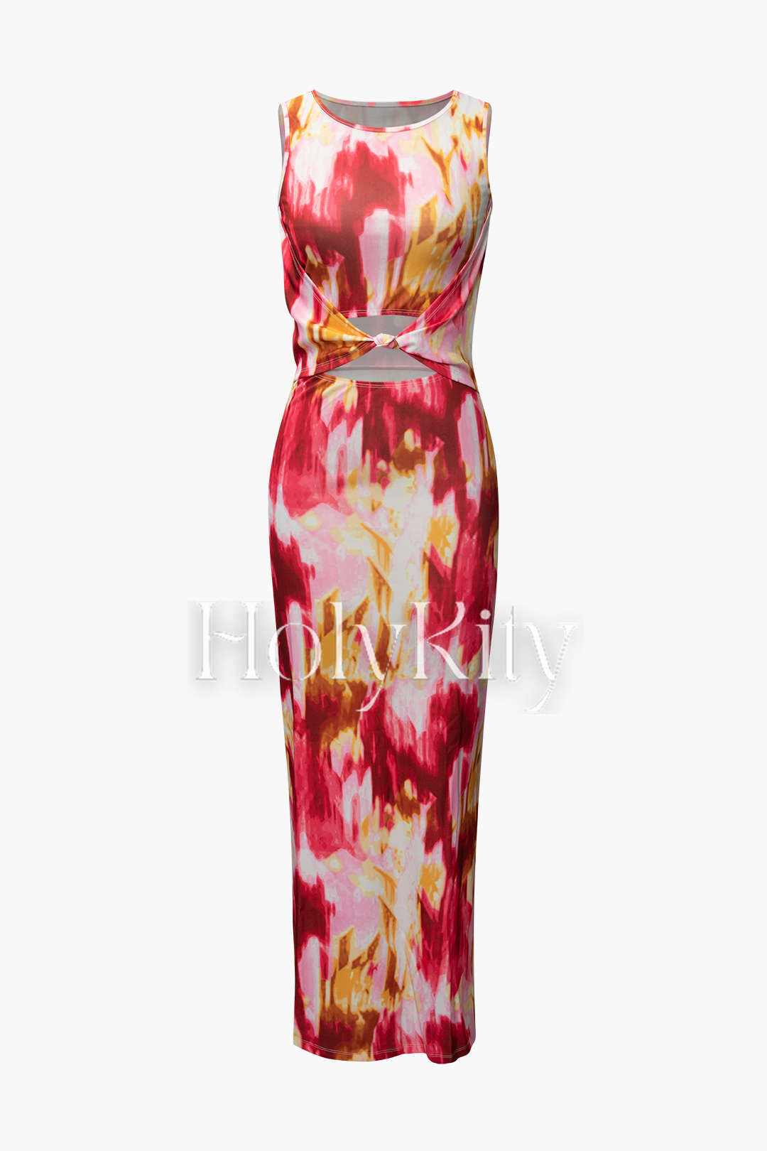 Tie Dye Knot Front Sleeveless Maxi Dress