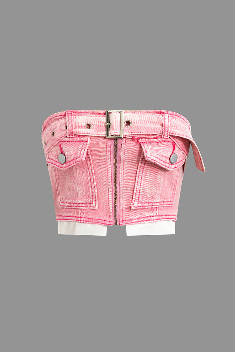 Haut tube en denim patchwork avec ceinture et fermeture éclair 