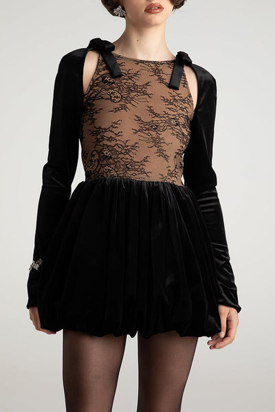 Long Sleeve Mesh Velvet Patchwork Ribbon Cut Out Pleated Mini Dresses