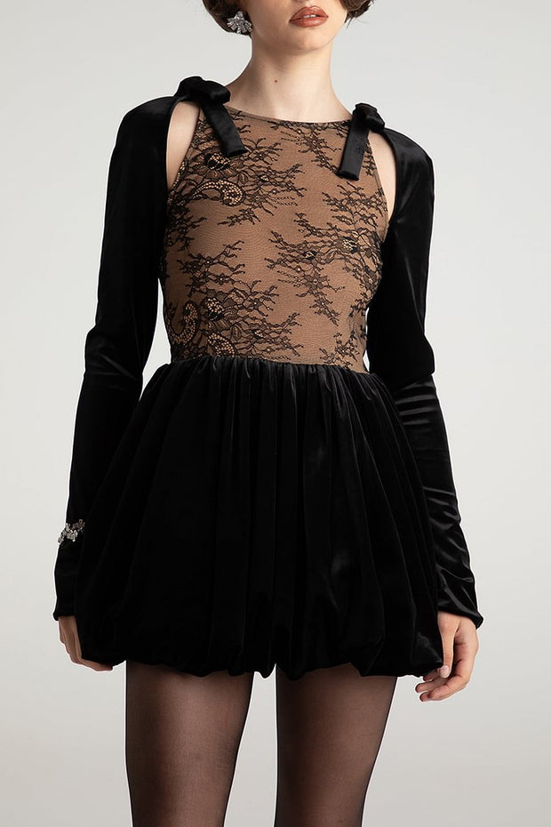 Long Sleeve Mesh Velvet Patchwork Ribbon Cut Out Pleated Mini Dresses