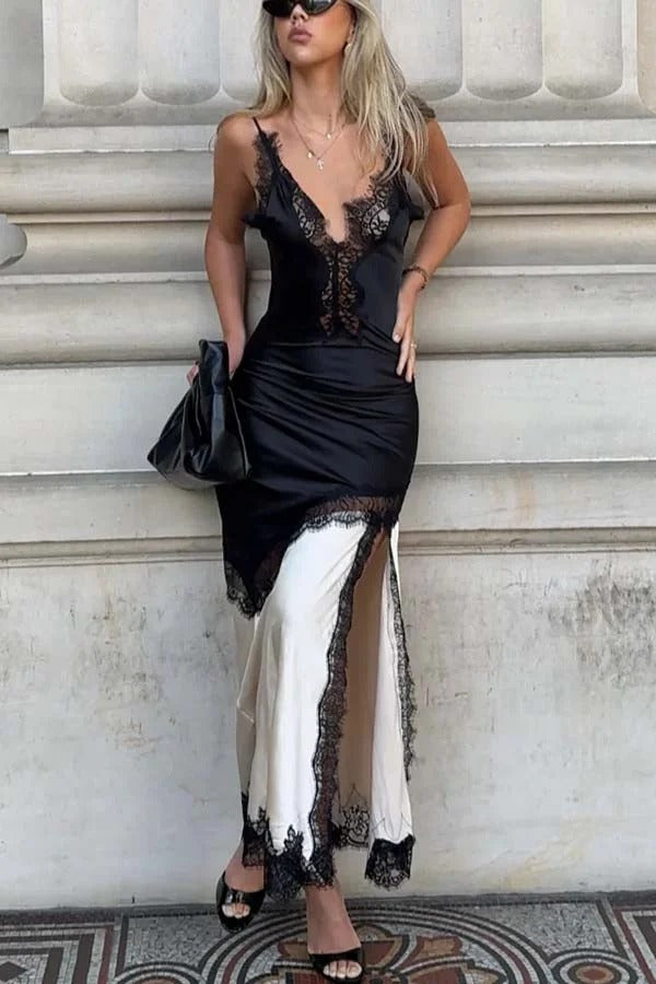 Soft and Romantic Satin Lace Trim Colorblock V-neck Side Slit Maxi Dress