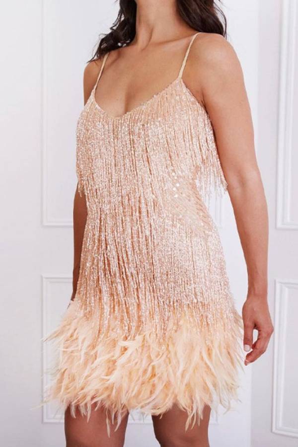 Sequin Tassel Feather Slip Mini Dress