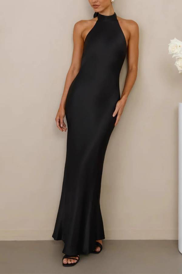 Halter Open Back Satin Midi Maxi Formal Dress Solid Bodycon Bridesmaid Gown