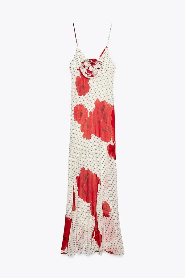 Vanna Poka Dot Floral Print 3D Flower Detail Slip Maxi Dress