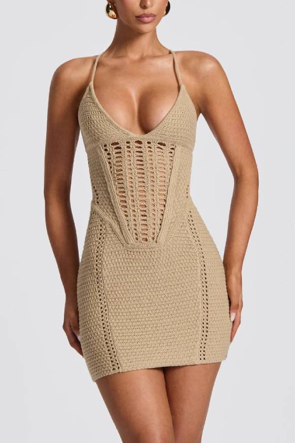 V-Neck Cutout Knit Lace-Up Bodycon Mini Dress