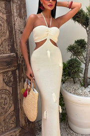 Fashion Halterneck Waist-baring Tassel-embellished Knitted Maxi Dress