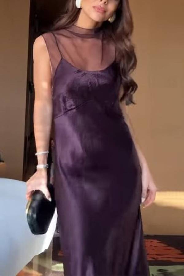 Mock Neck Sheer Mesh Overlay Satin Thin Strap Maxi Slip Dress