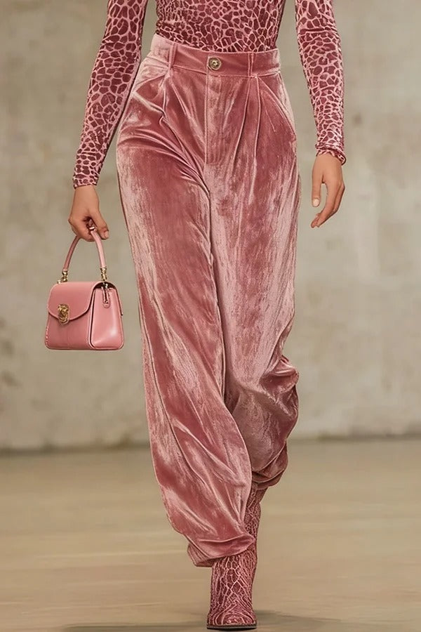 Solid Color Velvet Casual Pocket Loose Straight Leg Pants