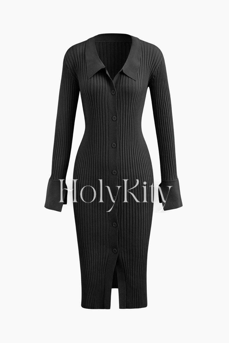 Midikleid aus Rippstrick mit Kragen und Knopfleiste