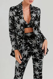RHINESTONE ABSTRACT STARS NOTCH LAPEL BLAZER FLARED PANTS MATCHING SET