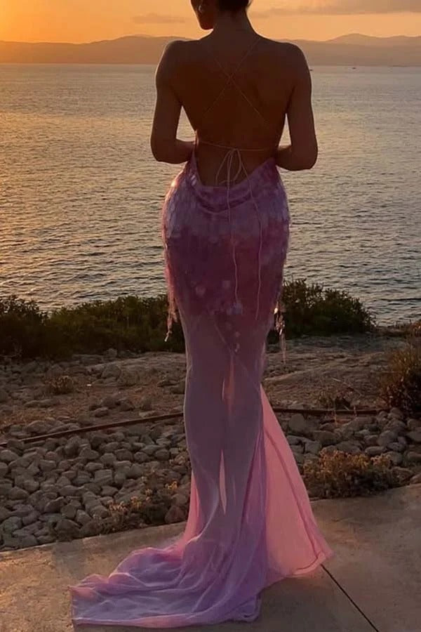 Perfect Night Sequin Embroidery Backless Drape Tulle Hem Slip Maxi Dress