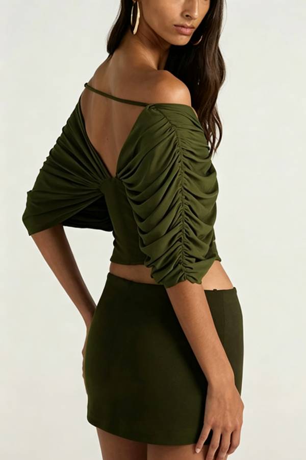 Sienna Olive Ruched Off-The-Shoulder 2-Piece Matching Set