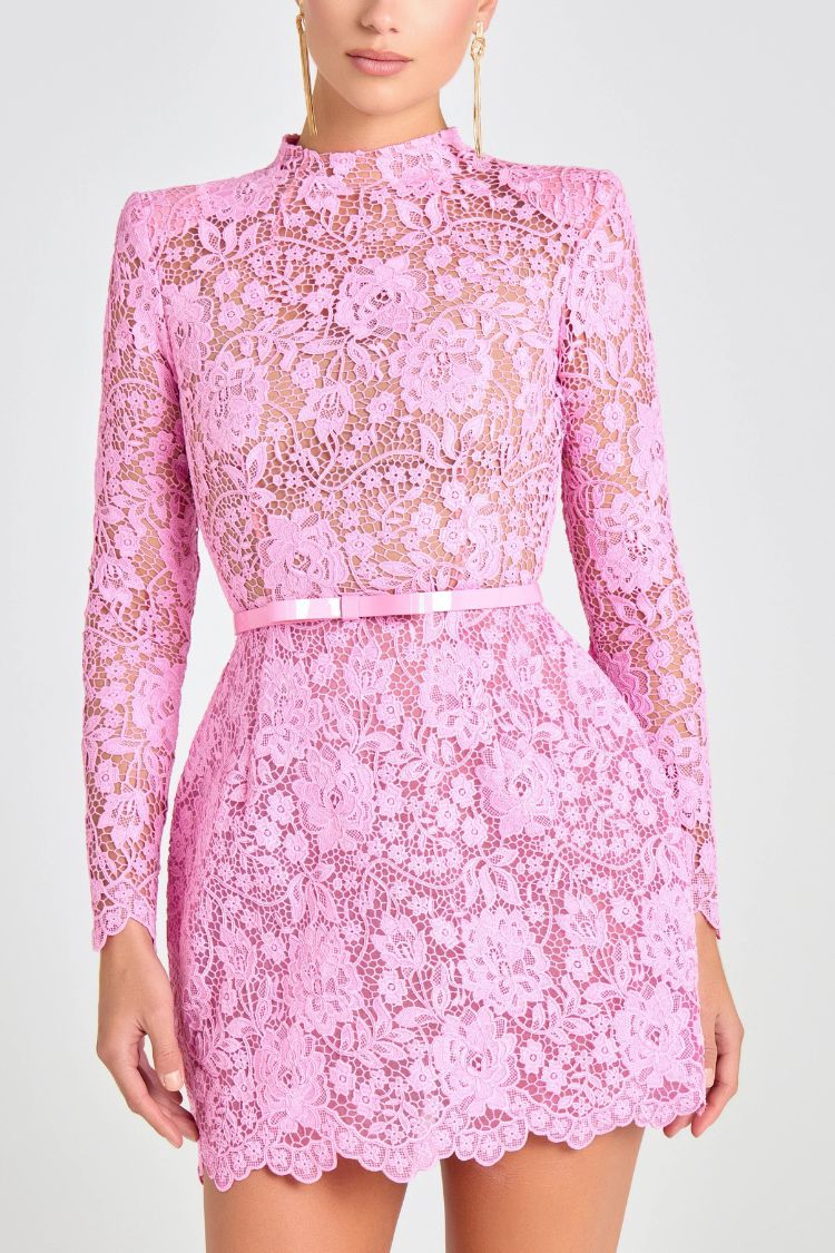 Champagne Toast Flower Lace Long Sleeve Bow Belted Mini Dress