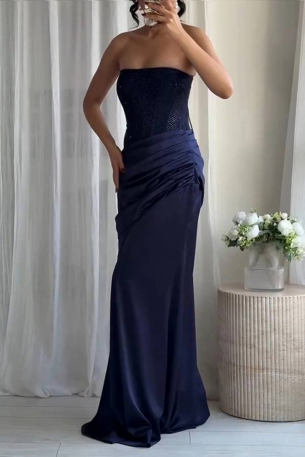 Elegant Strapless Rhinestone Pleated Party Dress