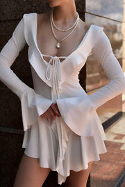 V-neck Tie Stitching Ruffled Mini Dress
