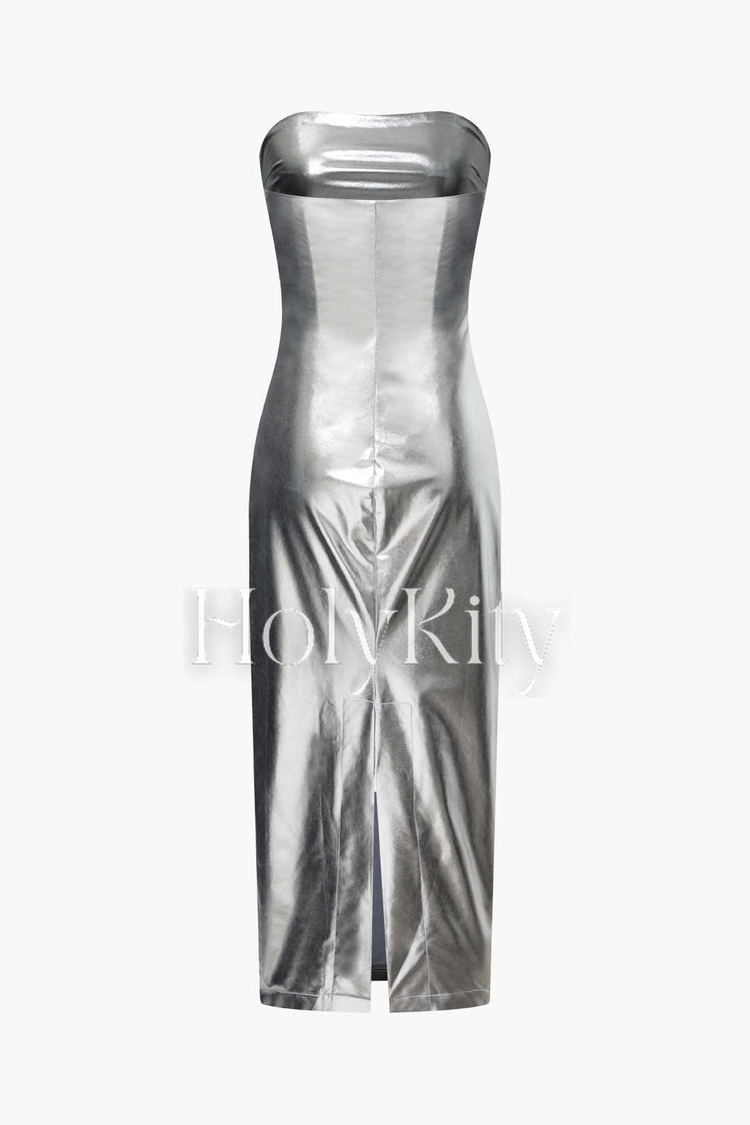 Metallic Back Slit Strapless Maxi Dress