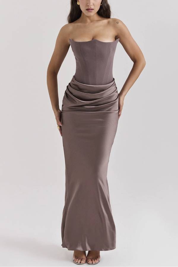 Elegant Strapless Patchwork Formal Party Fishtail Maxi Dresses-Black