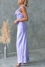 Chic Muse Satin Solid Color Cowl Neck Back Tie-up Maxi Dress