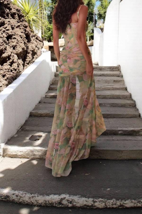 Floral Print Bustier-Style High-Slit Chiffon Maxi Dress