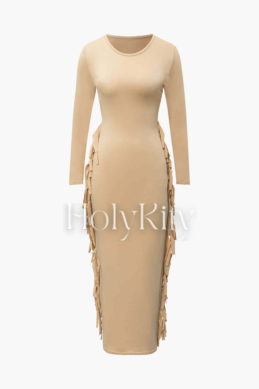 Maxikleid mit einfarbigem Fransenbesatz