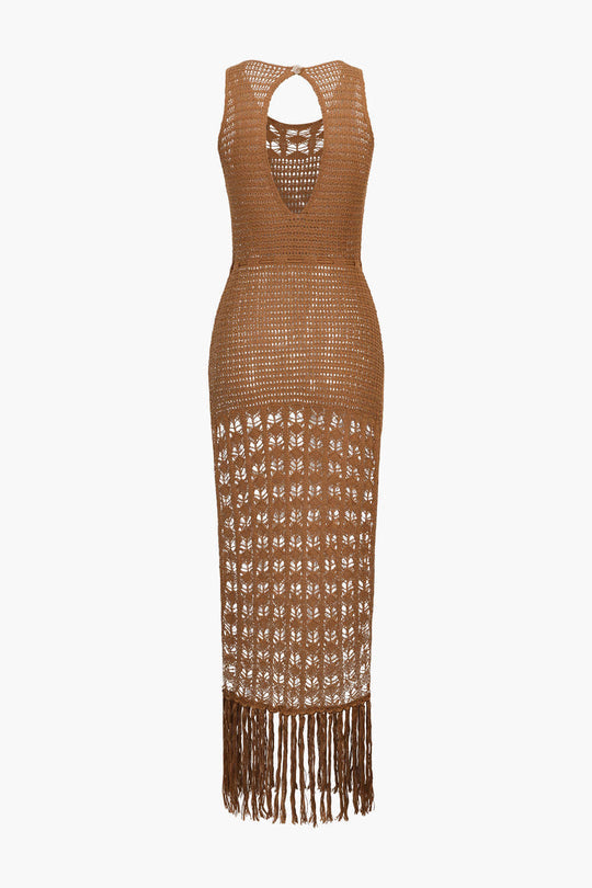 Häkelstrick-Überwurfkleid mit Quastensaum 