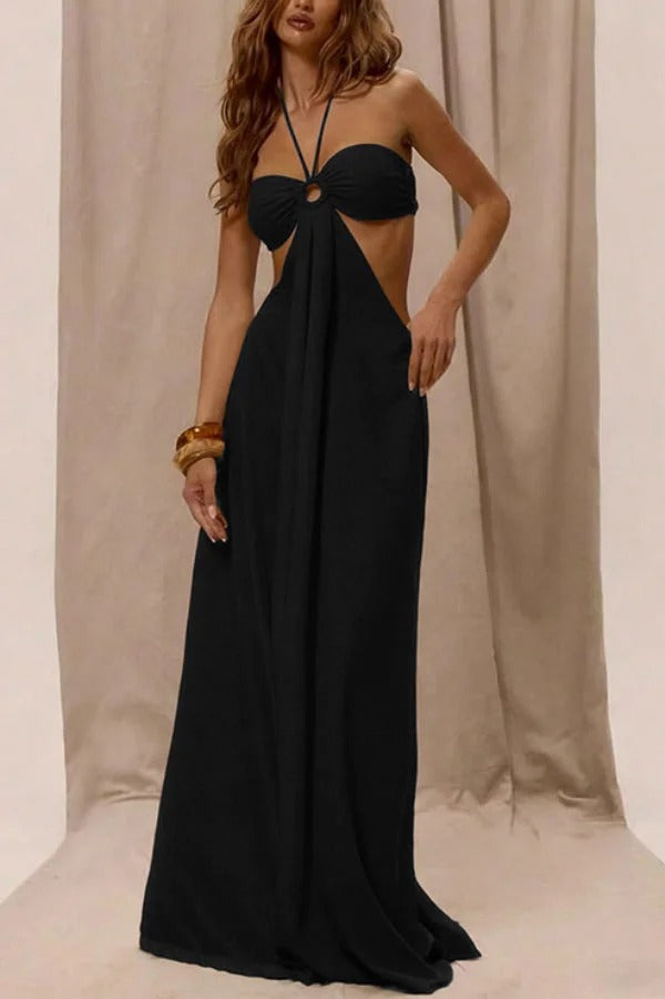 Solid Color Halter Neck Cutout Casual Loose Wide-leg Jumpsuit