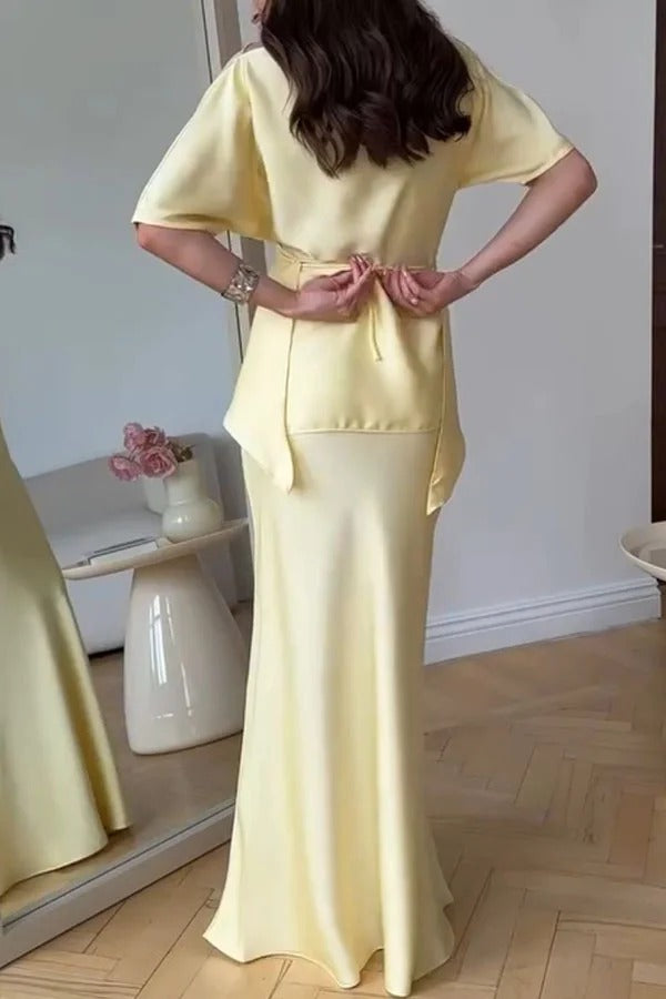 Secret of Elegance Satin Slit Back Lace-up Top and Elastic Waist Flare Maxi Skirt Set