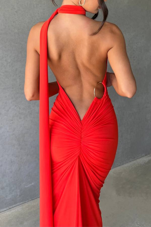 Backless metal ring fitted evening gown